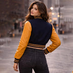 Cropped Varsity Jacket Women - Premium Quality Leather And Wool Baseball Letterman Jacket For Women'S, Long Sleeve