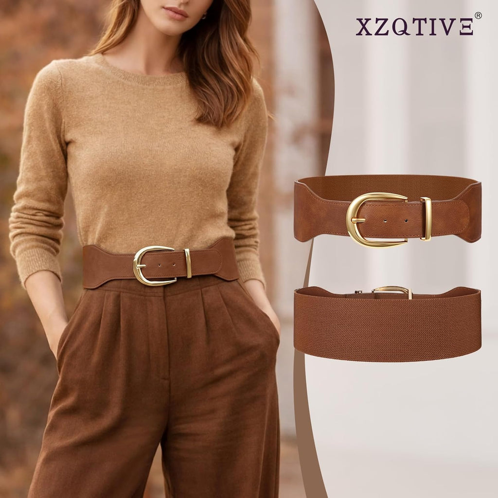 XZQTIVE Women Wide Elastic Waist Belt for Dresses Fashion Cinch Belts Stretchy Waistband with Gold Buckle