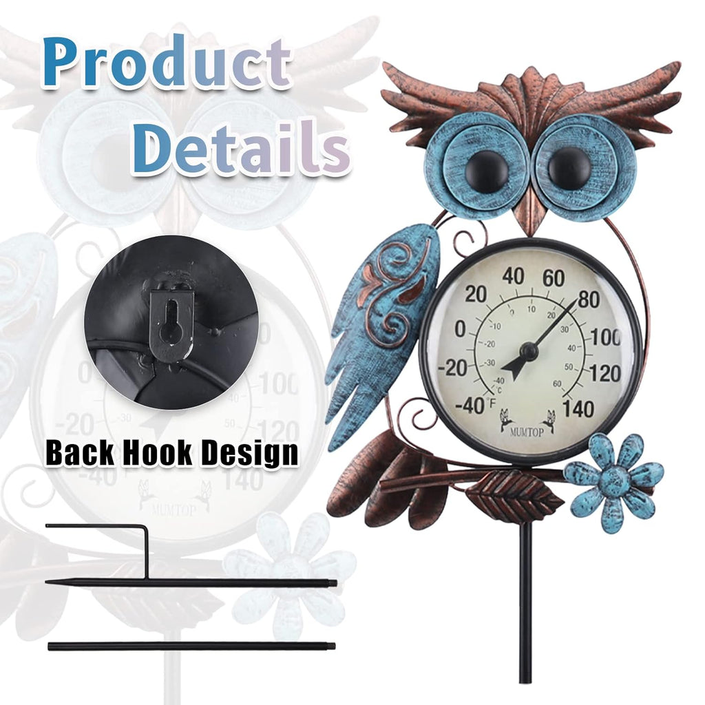 Outdoor Thermometer, Owl Outside Decor For Patio, Yard And Garden | No Battery Needed Garden Stake Wall Art Gifts Idea Waterproof