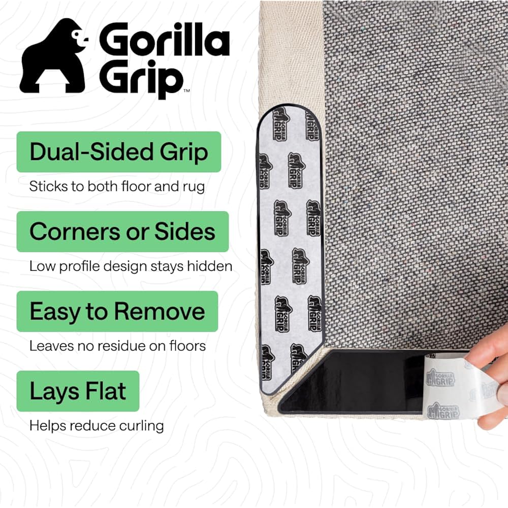 GORILLA GRIP® Rug Gripper Pads, Extra Long Reusable Double-Sided Adhesives Keep Area Rugs Corners Flat, Grips Hardwood, Tile and Laminate Floors, Renter Friendly, Holds Down Carpet in Place, 8 Pcs