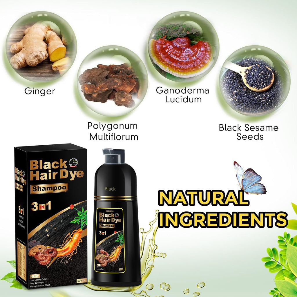 Hair Dye Shampoo 3 In 1 For Gray Hair, Herbal Ingredients Natural Shampoo Hair Dye For Women Men (Black)