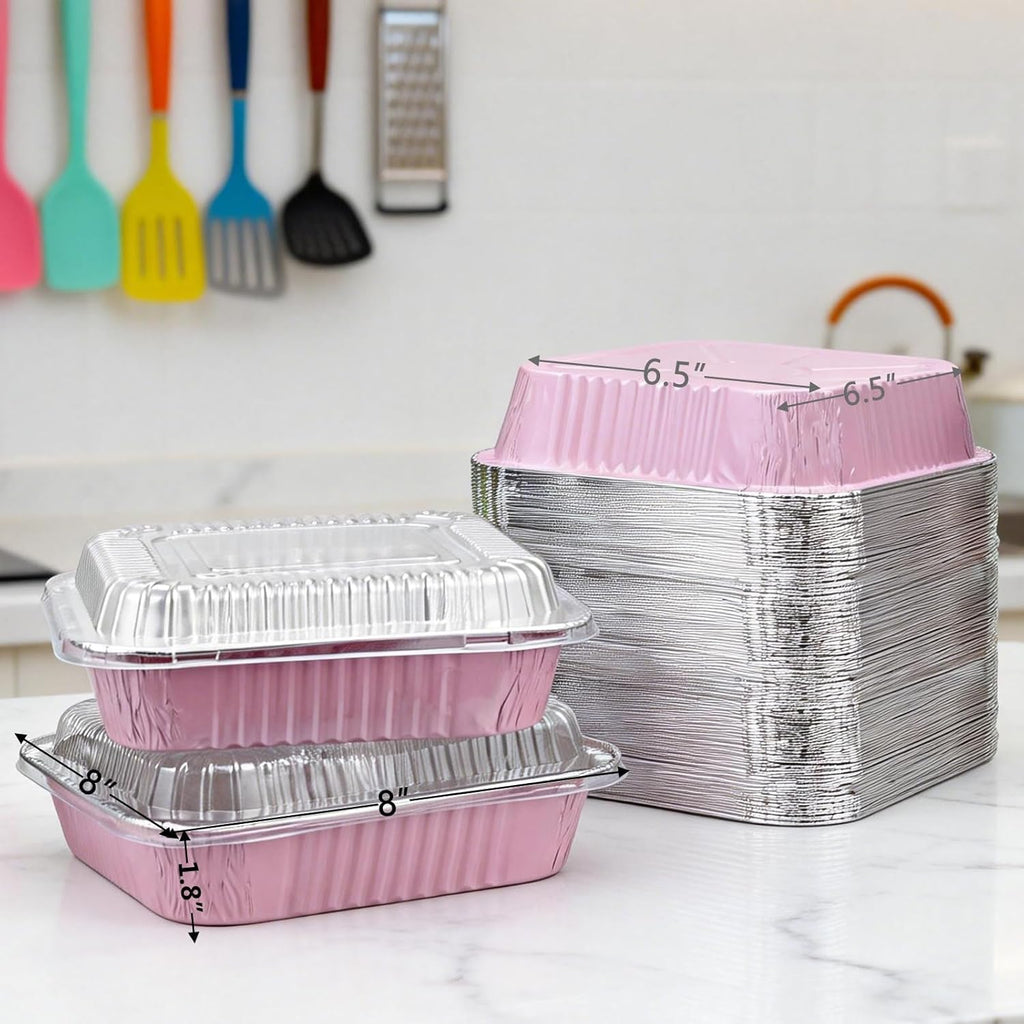 (35-Pack) Pink 8x8 Inch Disposable Aluminum Pans with Plastic Lids,Stickers and Cake Spoons,Square Cake Pans for Parties,Baking Trays,Foil Pans for Holiday Cooking, Parties Meal Prep, Storage