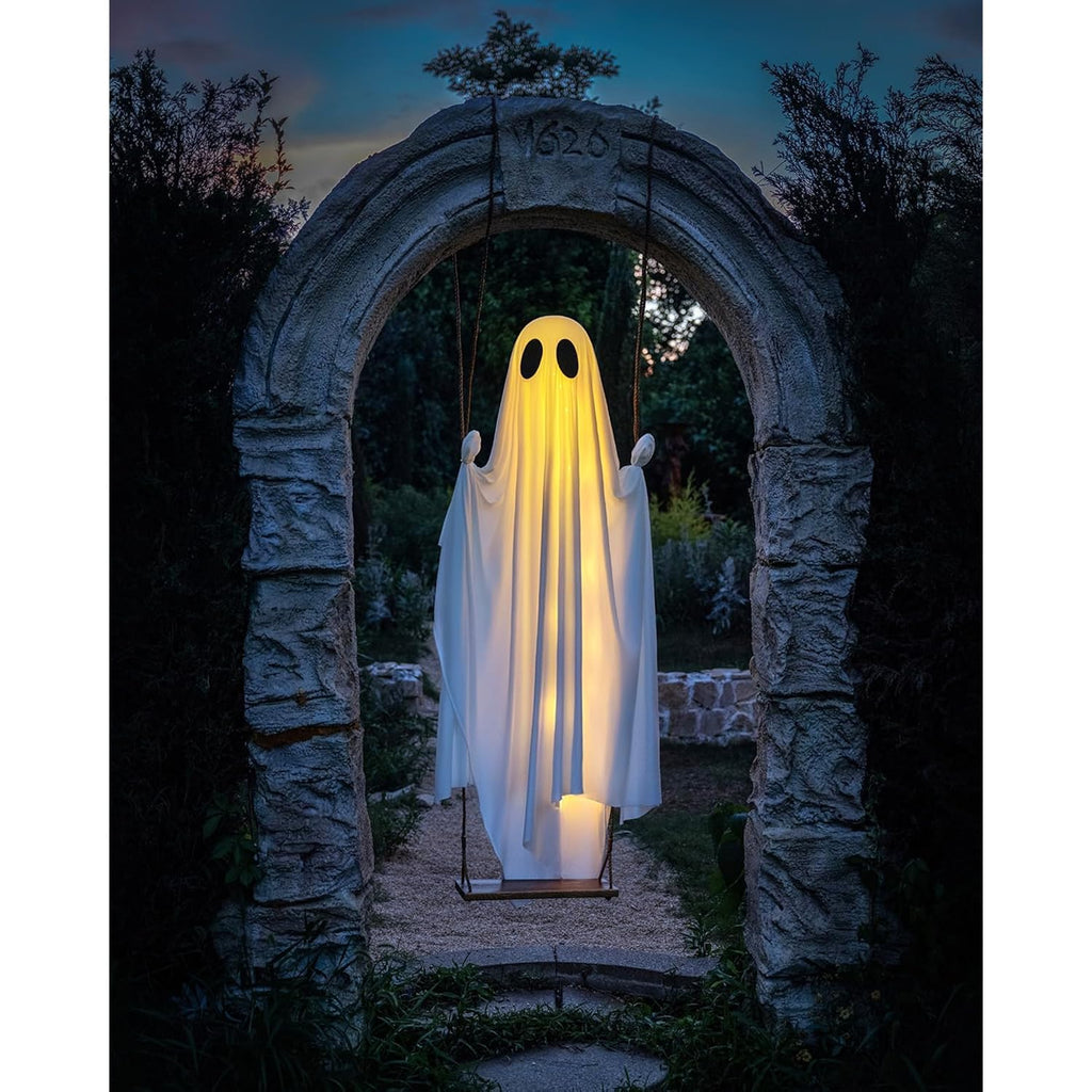 Halloween Decorations Outdoor - 5 Ft Large Hanging Swing Ghost Halloween Decor With String Lights, Spooky Cute Ghosts Decorations For Front Porch Yard Tree
