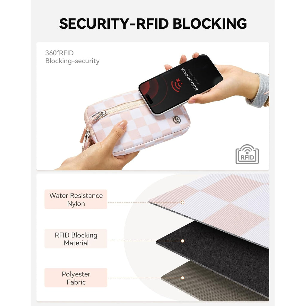 BOSTANTEN Wristlet Wallets for Women RFID Checkered Wallet with ID Window Nylon Wristlet Purse with 3 Zippers