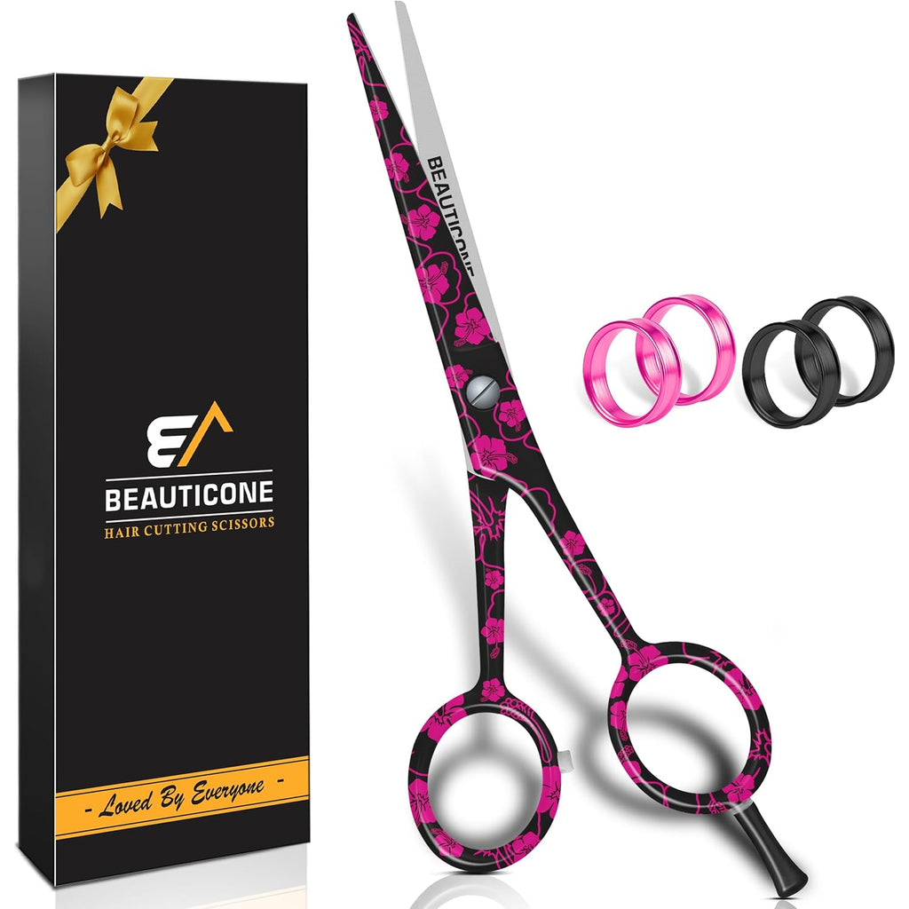 BEAUTICONE ® Hair Cutting Scissors - High Carbon SS 6.5" Professional Barber-Grade Salon Shears with Serrated & Razor Edge - Black Premium Gift Box with Leather Pouch & Extra Accs - Ultra Lightweight