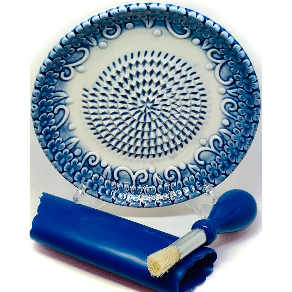 All-In-One Premium Ceramic Garlic Grater Plate 4-Piece Set - Blue Embossed Design And Style - For Garlic, Ginger, Chocolate, And More! - Comes With 5.25" Plate, Peeler, Brush, And Stand