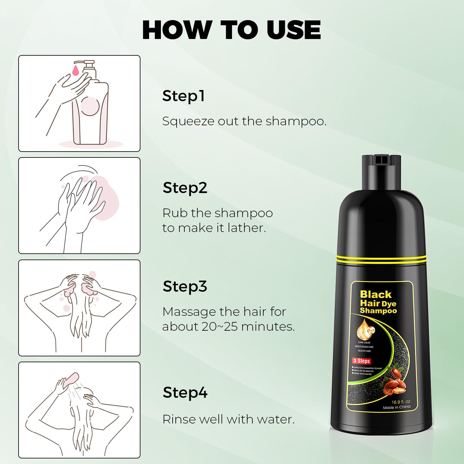 Kaisasa Black Hair Dye Shampoo 3 In 1,Hair Color Shampoo Covers Gray Hair For Women And Men (16.9 Fl.Oz Black)