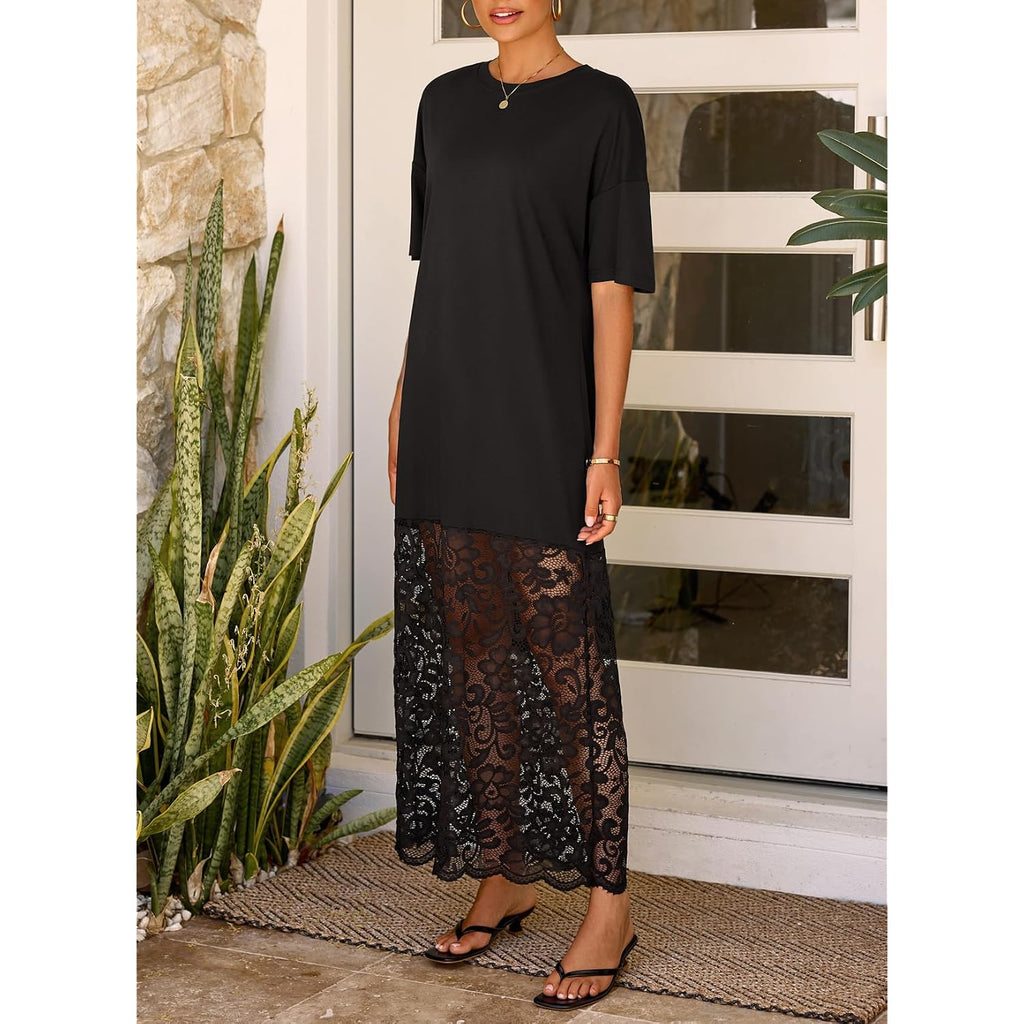 Lolong Womens Short Sleeve Lace Patchwork Maxi Dress Summer 2026 Crew Neck Casual Long Dresses