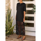 Lolong Womens Short Sleeve Lace Patchwork Maxi Dress Summer 2026 Crew Neck Casual Long Dresses