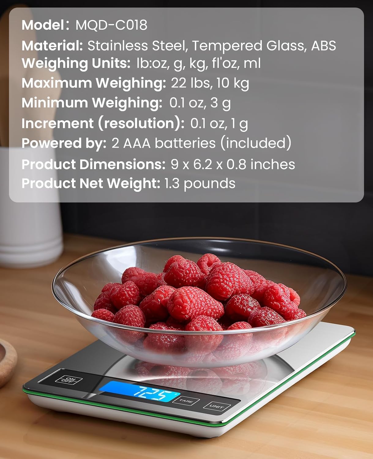 Food Scale 22Lb Digital Kitchen Scale For Cooking Baking | 1G/0.1Oz Precise Graduation, Backlit Lcd, Tare Function, Weight Grams And Oz, Easy Clean Stainless Steel And Tempered Glass