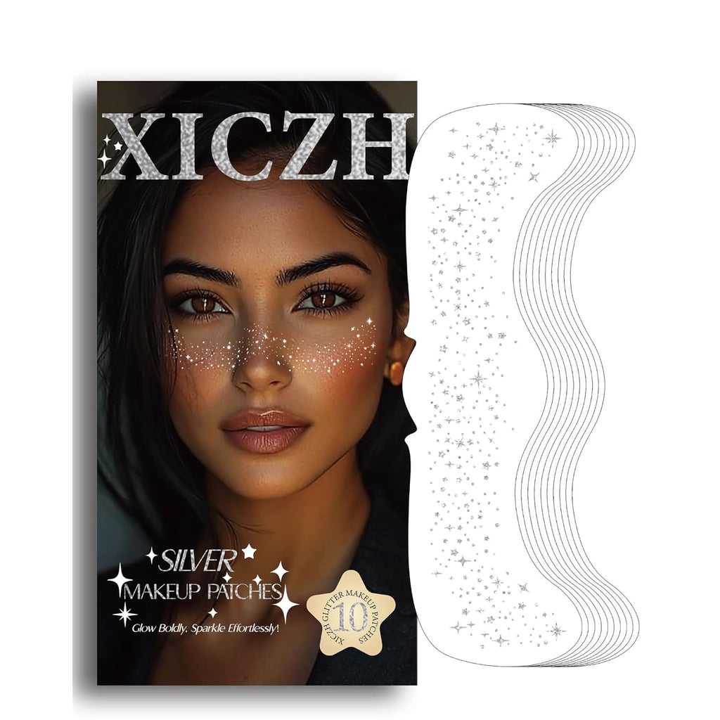 XICZH Glitter Freckles, Body and Face Glitter Makeup Patches for Women Girls, Waterproof Festival Rave Accessories fit Country Concert Outfits (Silver - 10 pcs)
