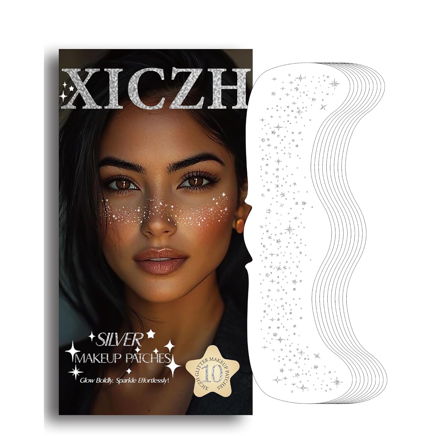 XICZH Glitter Freckles, Body and Face Glitter Makeup Patches for Women Girls, Waterproof Festival Rave Accessories fit Country Concert Outfits (Silver - 10 pcs)