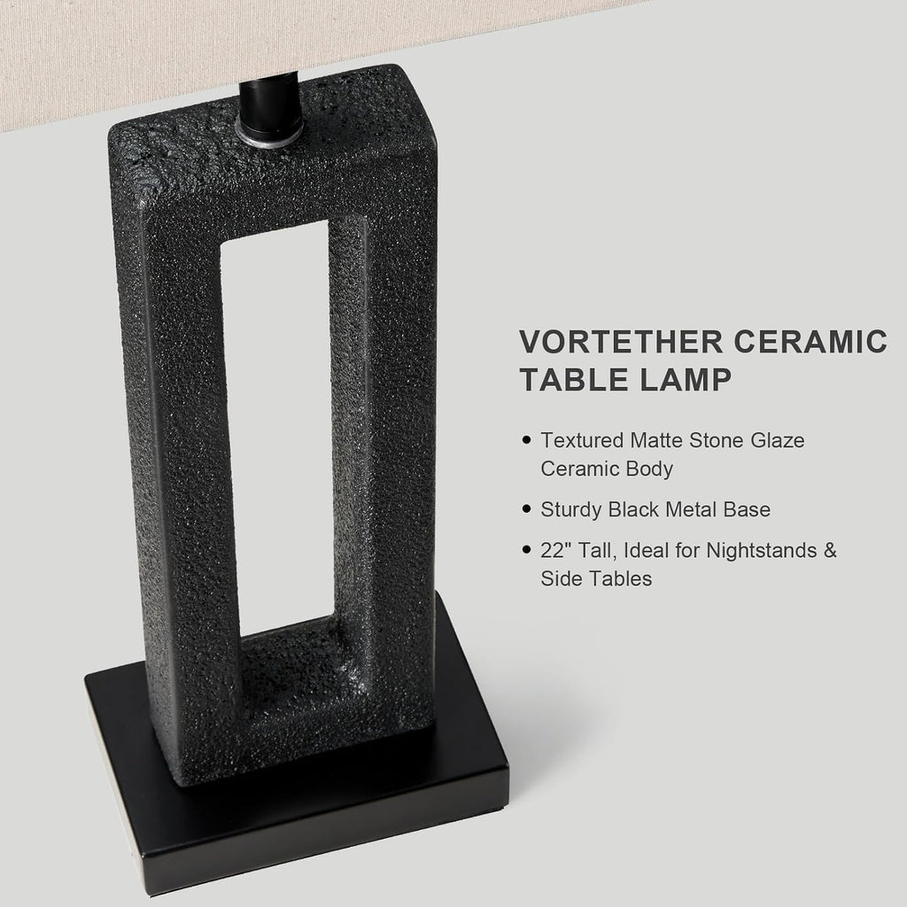 22" Matte Black Textured Ceramic Table Lamps Set Of 2, Modern Bedside Lamps With Linen Shade, 5Ft Cord Inline Rotary Gear Switch E26 Nightstand Lamp For Bedroom Living Room Entryway Decor