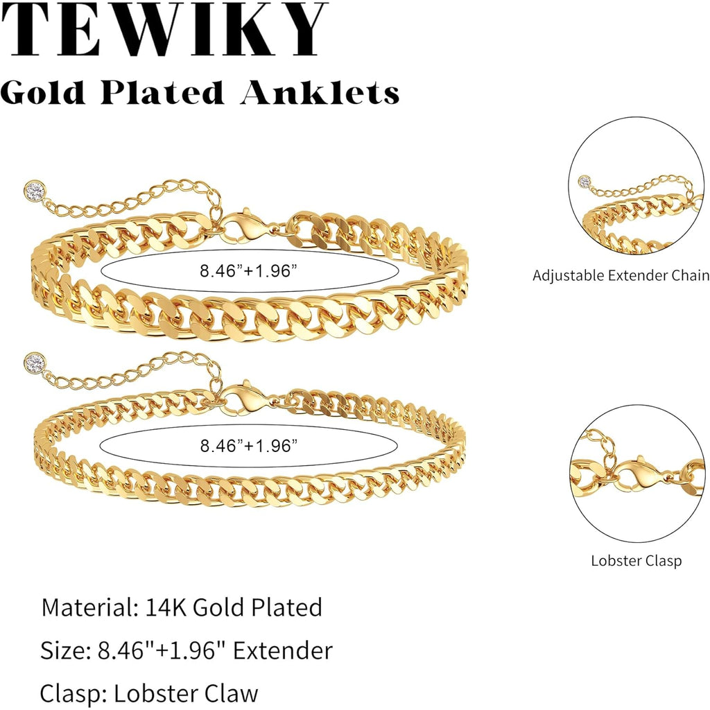 Tewiky Waterproof Ankle Bracelets for Women,Chunky Layered Gold Anklet for Women Non Tarnish Adjustable Cuban Set Stackable Summer Beach Jewelry Gift