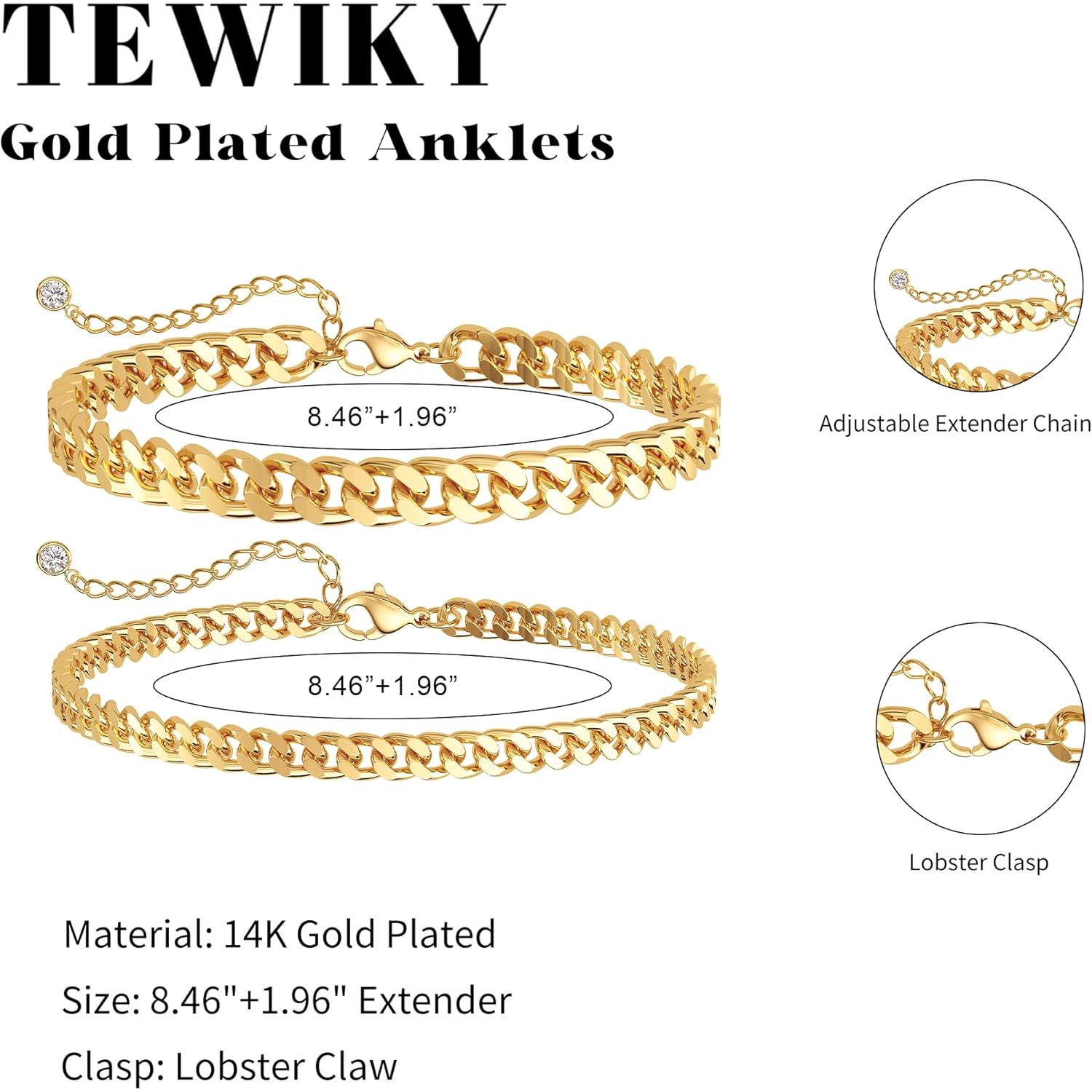 Tewiky Waterproof Ankle Bracelets for Women,Chunky Layered Gold Anklet for Women Non Tarnish Adjustable Cuban Set Stackable Summer Beach Jewelry Gift