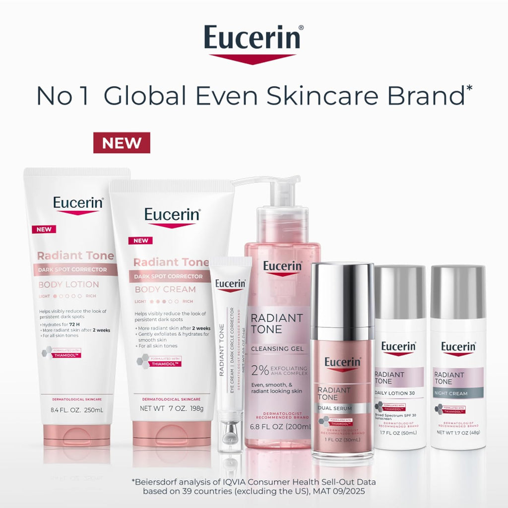Eucerin Radiant Tone Dark Spot Corrector Body Lotion, Thiamidol Enriched, Exclusive Formula Reduces Dark Spots Due To Sunlight Exposure And Aging, 72 Hours Of Hydration, 8.4 Fl Oz Tube