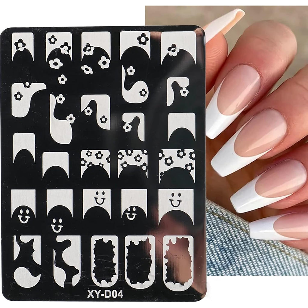 6Pcs Nail Art Stamping Templates Set with French Line Flowers Leaves Smiley Heart Design Stamping Kits DIY Printing Tools Fashion Decoration for Women and Girls