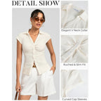 Women Button Down Blouse, V-Neck Ruched Tops with Y2K Collar, Slim Fit Cap Sleeve Business Casual Going Out Shirt