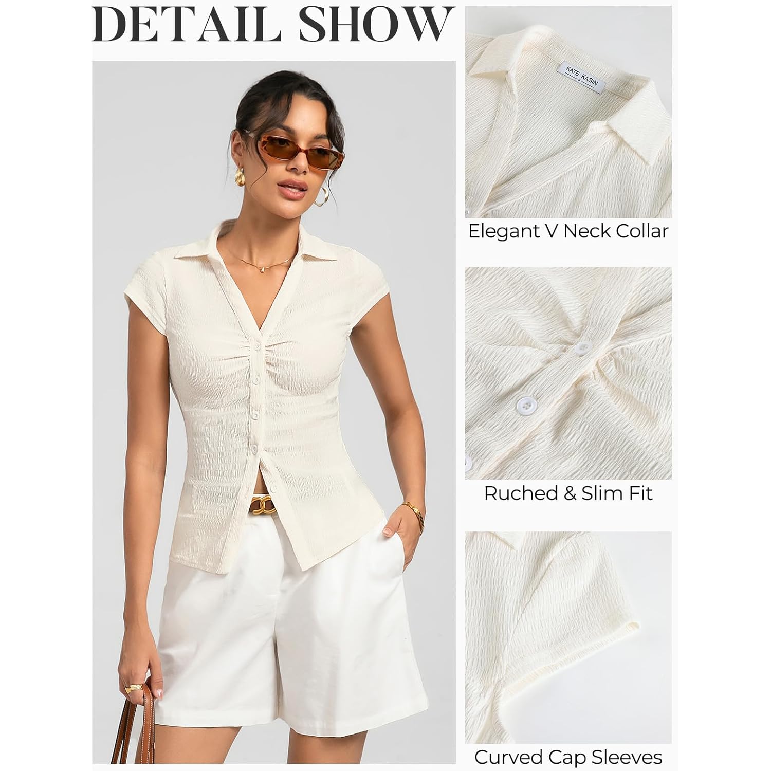 Women Button Down Blouse, V-Neck Ruched Tops with Y2K Collar, Slim Fit Cap Sleeve Business Casual Going Out Shirt