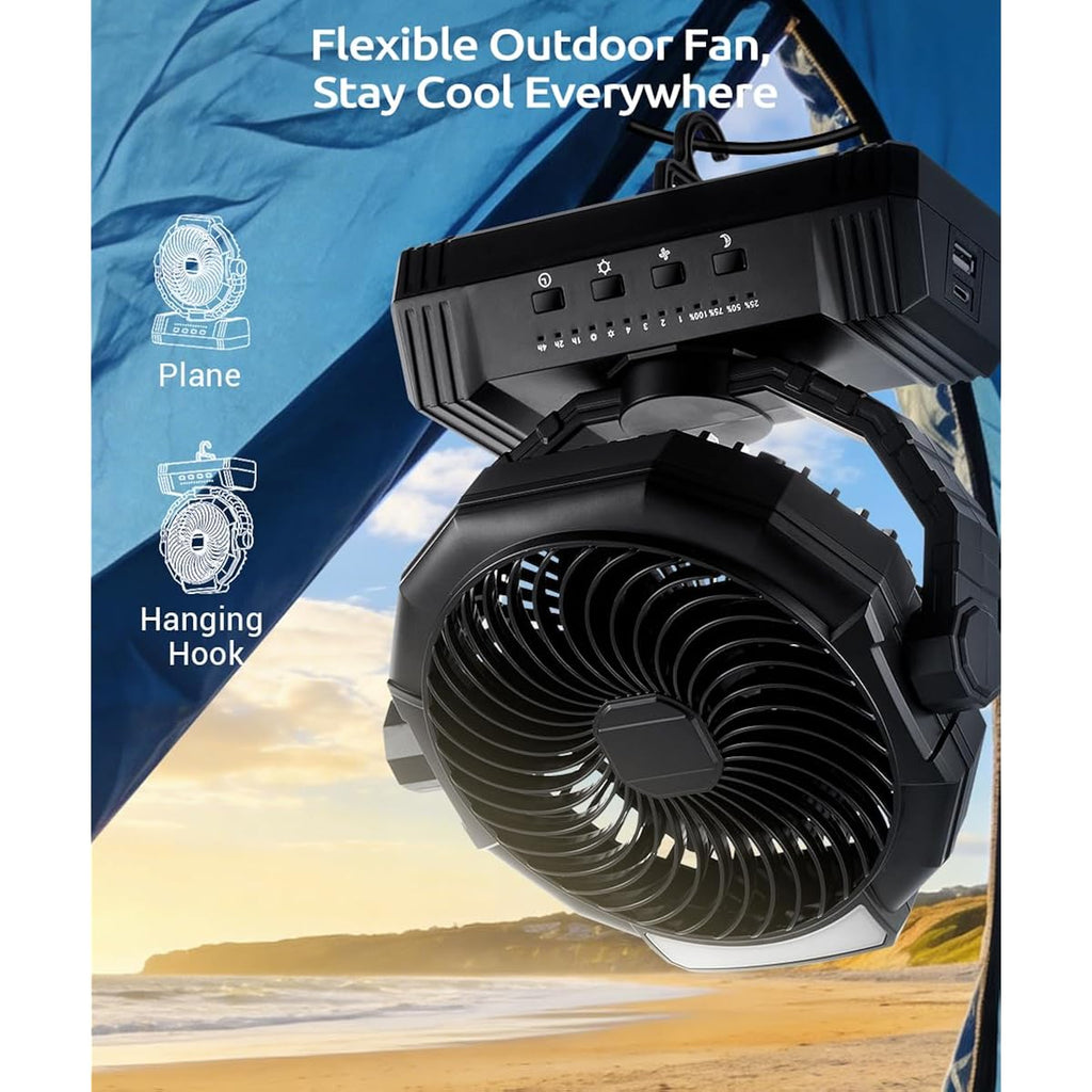 Portable Camping Fan With Lights, 20000Mah Rechargeable Battery Operated Fan, Battery Powered Outdoor Beach Tent With 4 Speeds & Hook, Personal Usb Table For Camping Accessories