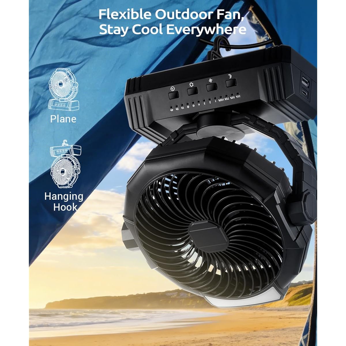 Portable Camping Fan With Lights, 20000Mah Rechargeable Battery Operated Fan, Battery Powered Outdoor Beach Tent With 4 Speeds & Hook, Personal Usb Table For Camping Accessories
