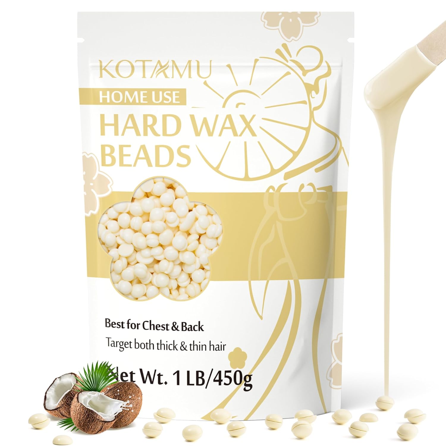 KOTAMU Hard Wax Beads for Hair Removal - 1lb Sensitive Skin Thick Hair Formula for Full Body, Face, Chest, Back, Leg, Bikini Brazilian Waxing - Wax Refill for Women and Men