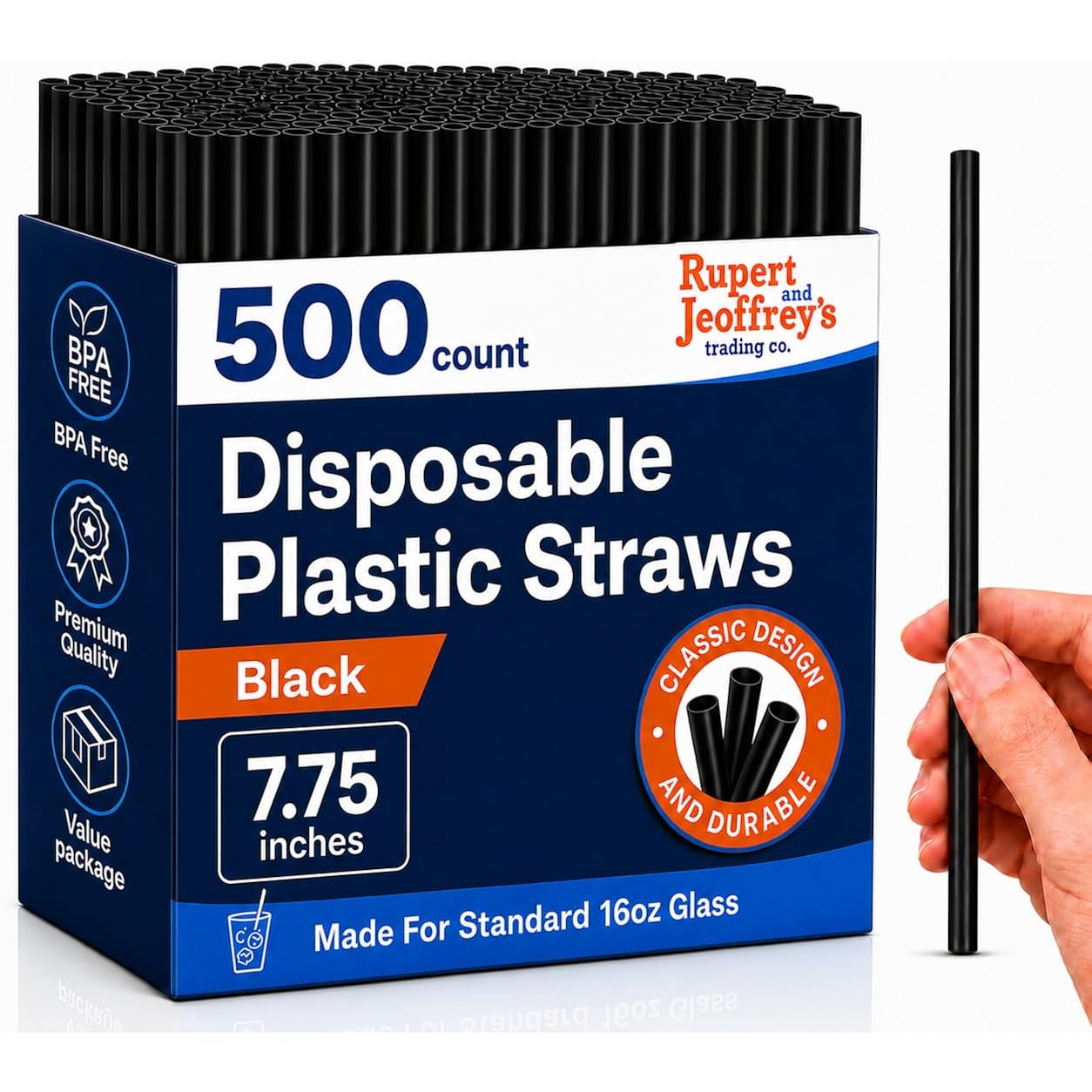 7.75" Plastic Straws (500 Count), Disposable Straws - Made For Standard 16Oz Glass (Black)