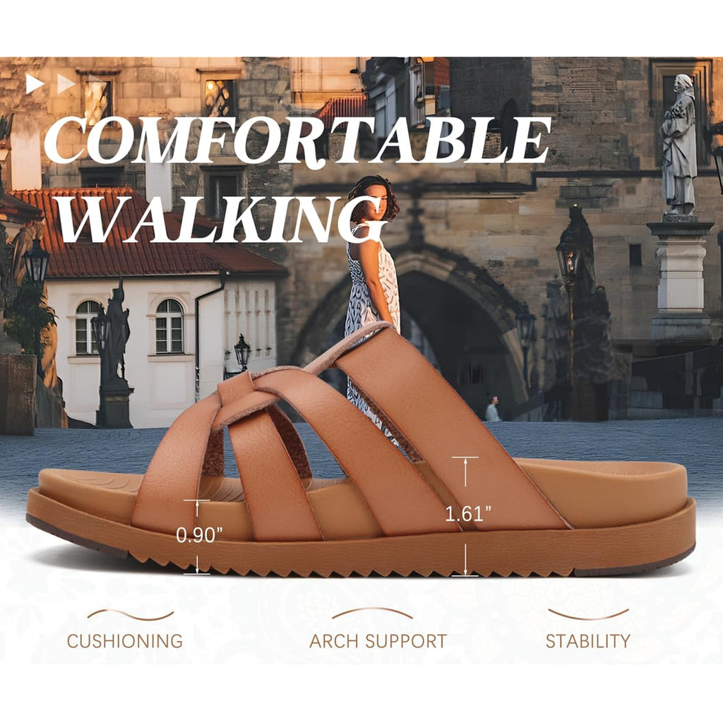 Kuailu Gladiator Sandals For Women With Comfortable Arch Support Summer Beach Walking Fisherman Slides Boho Outfits Flats Slip On Cushion Shoes Indoor Outdoor