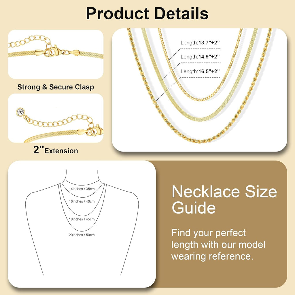 Freekiss Women's Layered Necklace Set - 3 Piece Dainty Gold Jewelry for Everyday Stacking | 14K Gold Plated Snake Chain, Rope Chain, Cuban Chain | Adjustable Length 14-18.5 Inch | Gift Ready