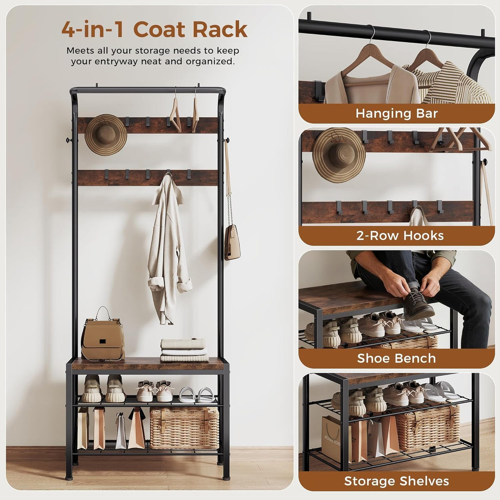 NEWBULIG Hall Tree with Shoe Bench and Coat Rack, 4-in-1 Entryway Organizer with 10 Hooks and Storage Shelf, Rustic Wood Finish Entryway Bench for Mudroom, Living Room, Bedroom, Brown