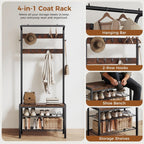 NEWBULIG Hall Tree with Shoe Bench and Coat Rack, 4-in-1 Entryway Organizer with 10 Hooks and Storage Shelf, Rustic Wood Finish Entryway Bench for Mudroom, Living Room, Bedroom, Brown