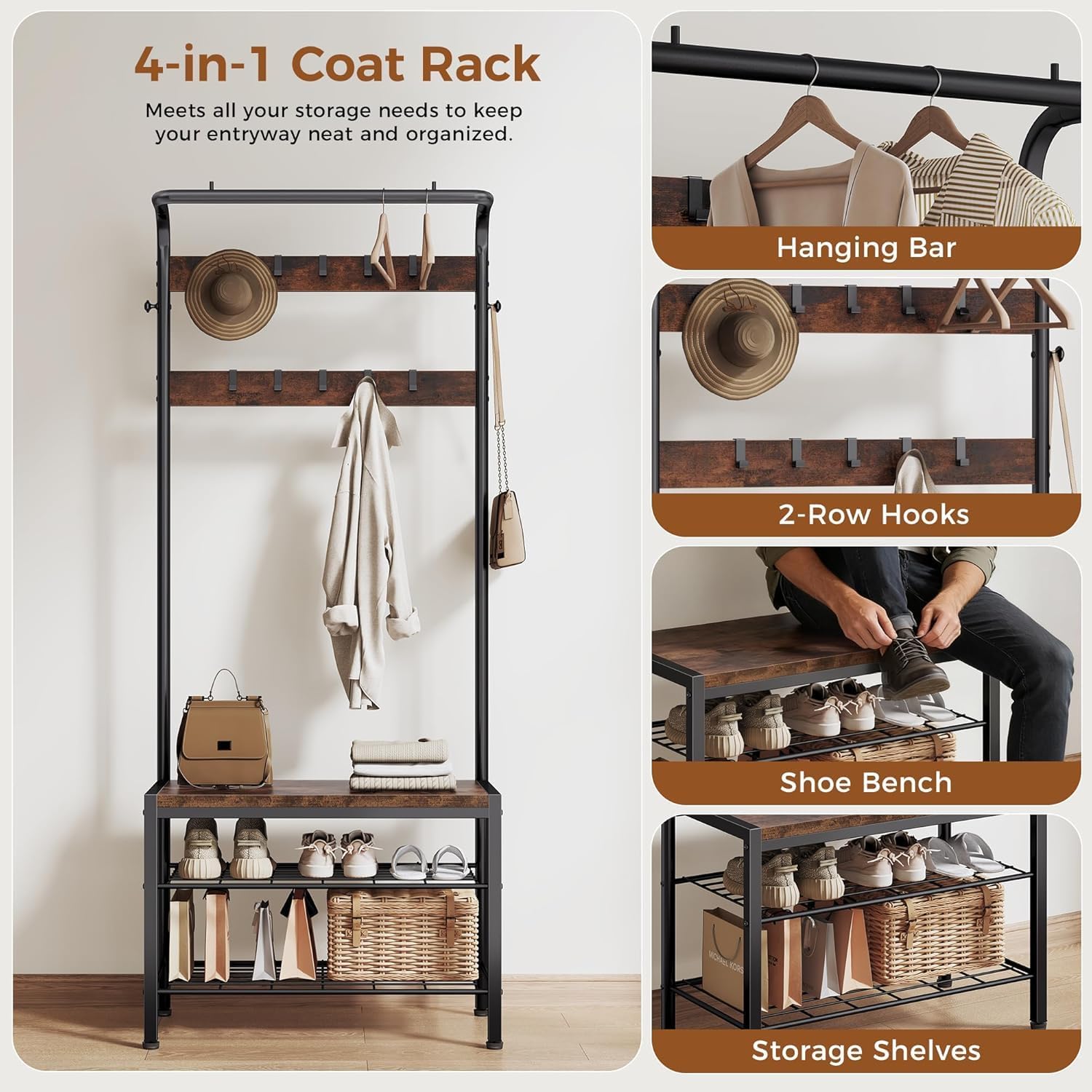 NEWBULIG Hall Tree with Shoe Bench and Coat Rack, 4-in-1 Entryway Organizer with 10 Hooks and Storage Shelf, Rustic Wood Finish Entryway Bench for Mudroom, Living Room, Bedroom, Brown