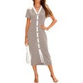 Btfbm Women Casual Summer Dresses Short Sleeve Striped Midi Dresses Decorative Button Ribbed Knit Dresses Party Dresses
