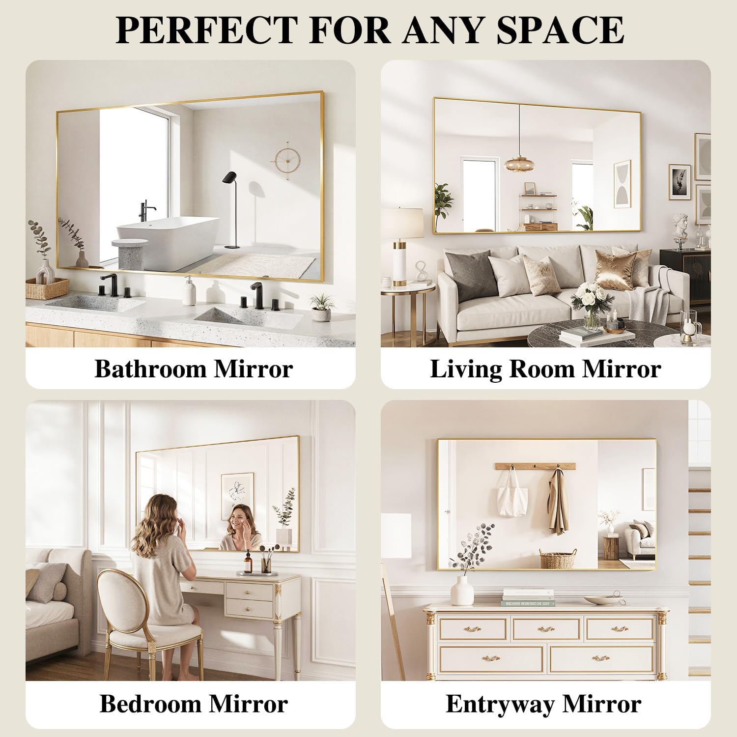 Koonmi Gold Mirrors For Wall, 30X55 Inch Bathroom Mirror, Rectangular Wall Mirror For Living Room Bedroom Bathroom, Hangs Horizontally Or Vertically