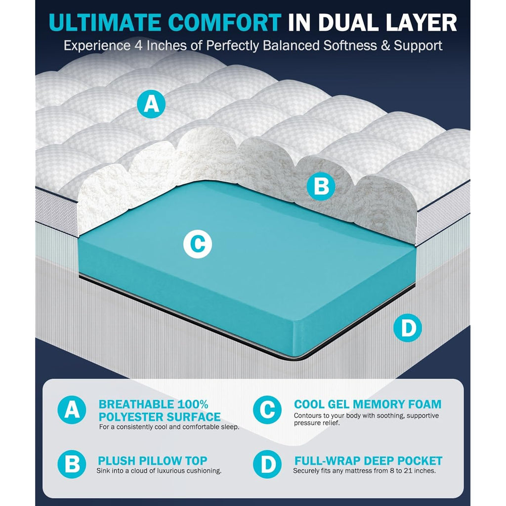 Dual Layer 4 Inch Memory Foam Mattress Topper Twin Xl, 2" Cooling Gel Memory Foam & 2" Pillow Top College Dorm Room Mattress Pad Cover For Back Pain Relief, Certipur-Us Certified, White