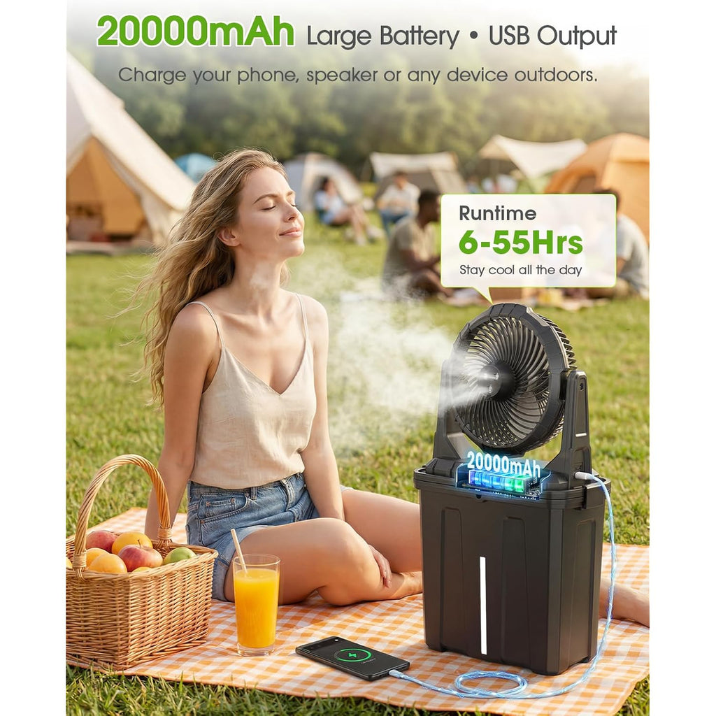 Ausic 2026 Upgraded 10″ 9L Oscillating Portable Misting Fan With Light, [Max 55Hrs] Golf Cart Mister Fan For Outside Patios, Outdoor Rechargeable Battery Operated Water Cool Fan-3 Spray Misters