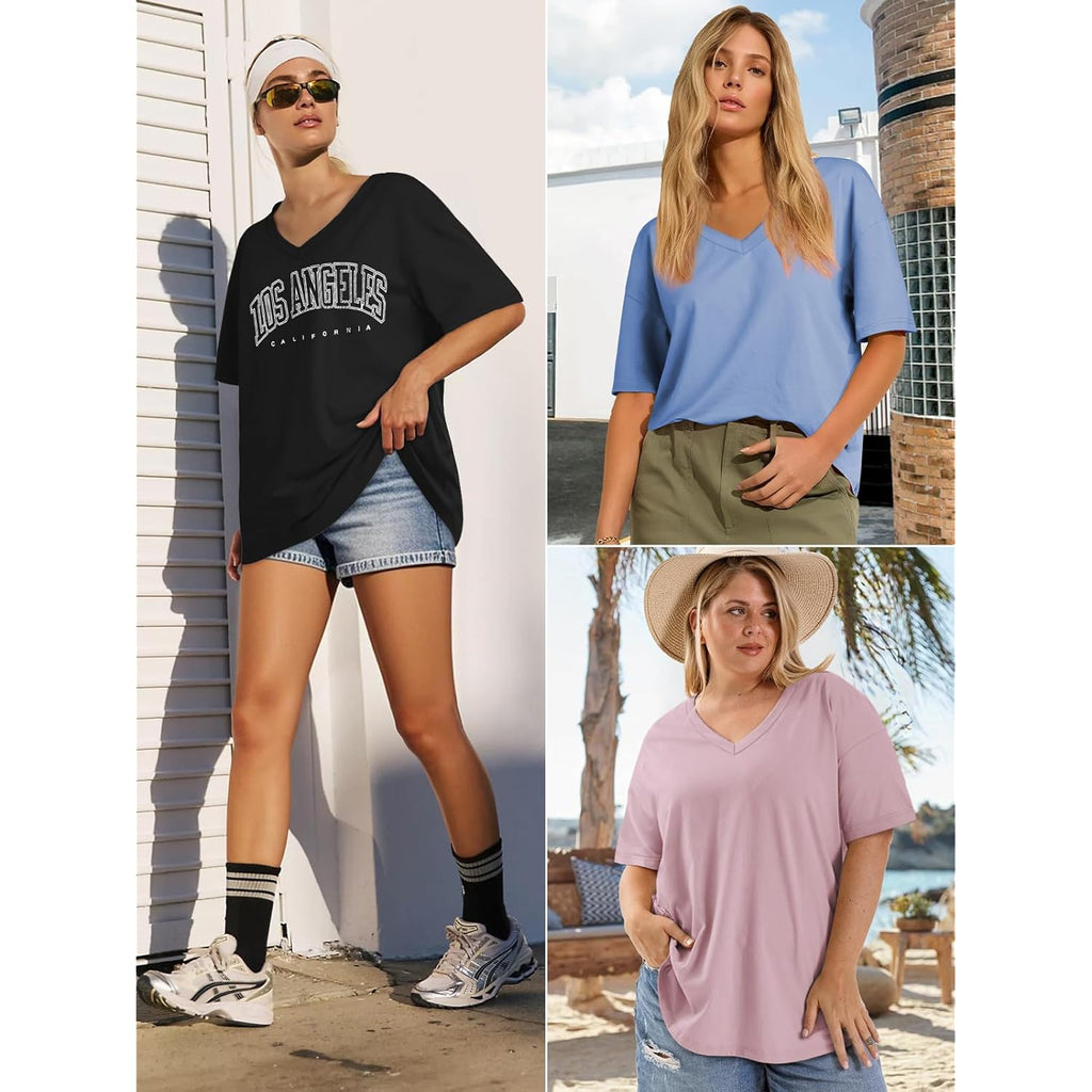 Womens Oversized Shirts V Neck Plus Size Spring Workout Summer Tops Beach Vacation 2026 Gym Clothes Basic Tee