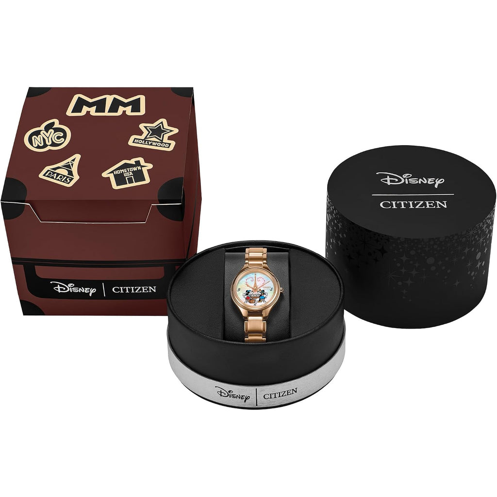 Citizen Women'S Eco-Drive Mickey And Minnie Mouse Take Paris, Mother-Of-Pearl Dial, Gold-Tone Stainless Steel Bracelet Watch (Model: Fe2103-52D)