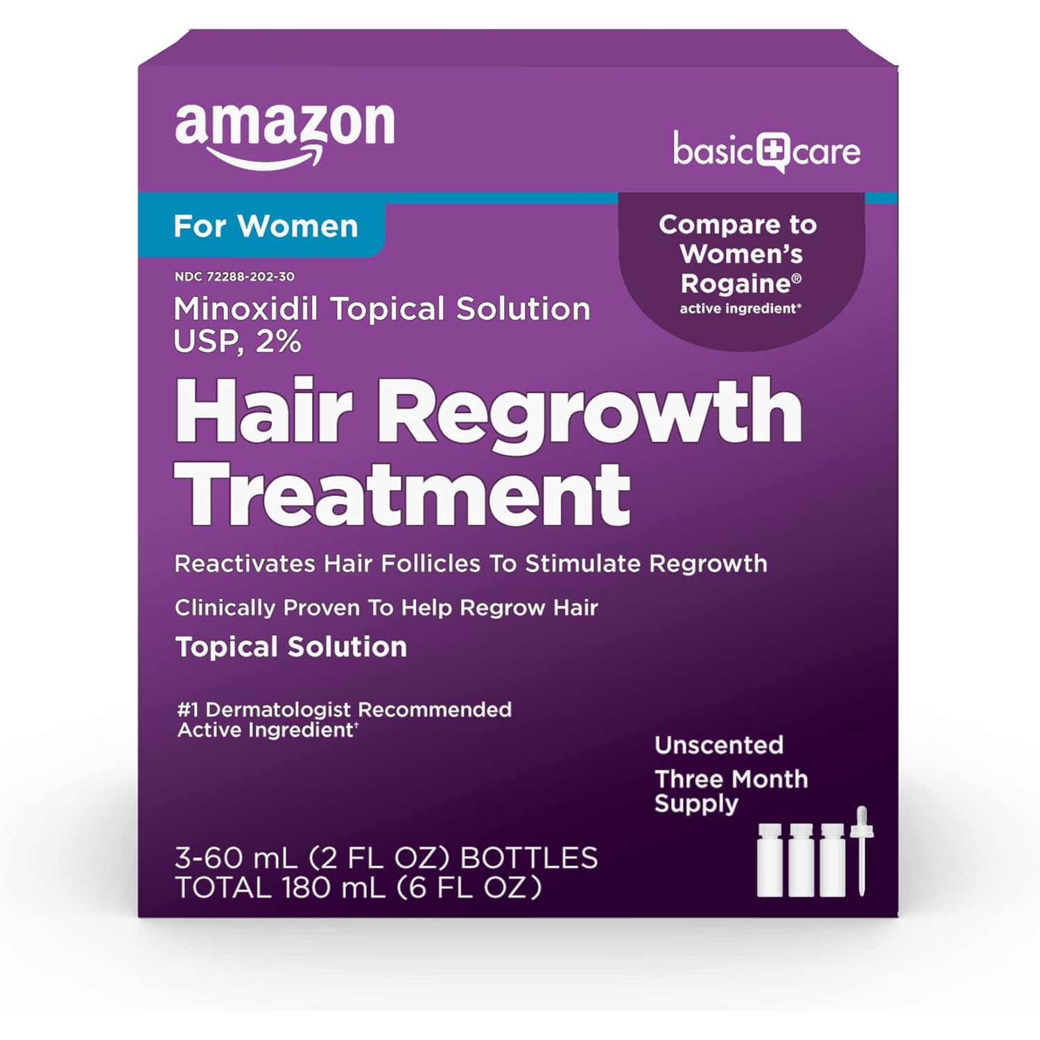 Amazon Basic Care Minoxidil Topical Solution, 2 Percent, Hair Regrowth Treatment For Women, 6 Ounce
