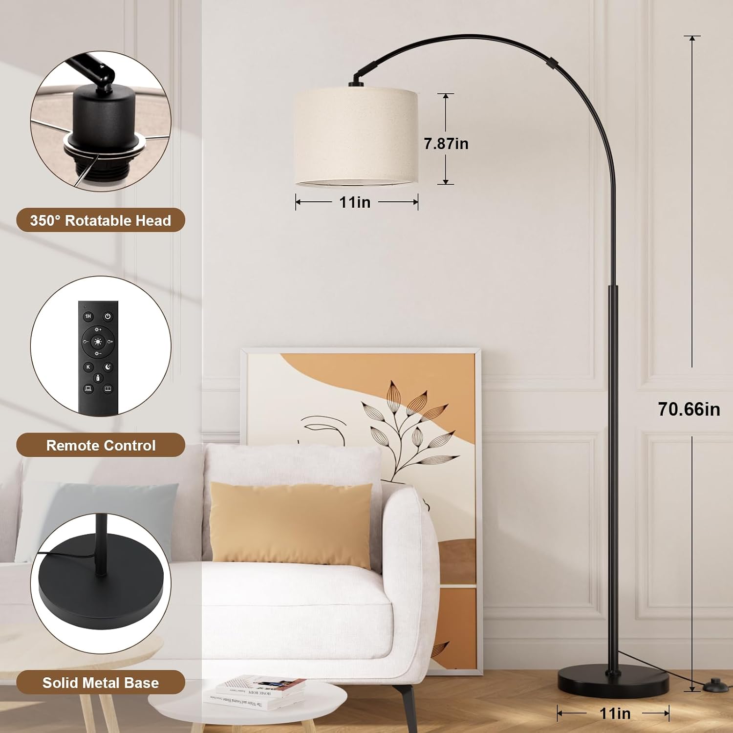 70" Dimmable Arc Floor Lamp With Remote, Color Temp Adjustable | Arched Floor Lamp With Rotating Head, Foot Switch And Remote, Over Couch Arched Light For Living Room, Deep Beige And Black