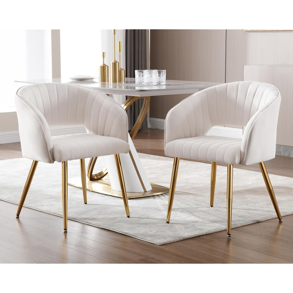 Modern Velvet Desk Chair Accent Armchair Upholstered Tufted Chairs Dining Chairs, Tufted Vanity Chair Side Chairs With Gold Metal Legs For Dining Room Living Room Restaurant,1 Pc &Cream