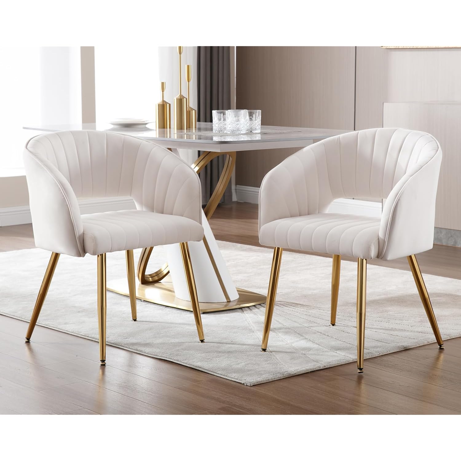 Modern Velvet Desk Chair Accent Armchair Upholstered Tufted Chairs Dining Chairs, Tufted Vanity Chair Side Chairs With Gold Metal Legs For Dining Room Living Room Restaurant,1 Pc &Cream