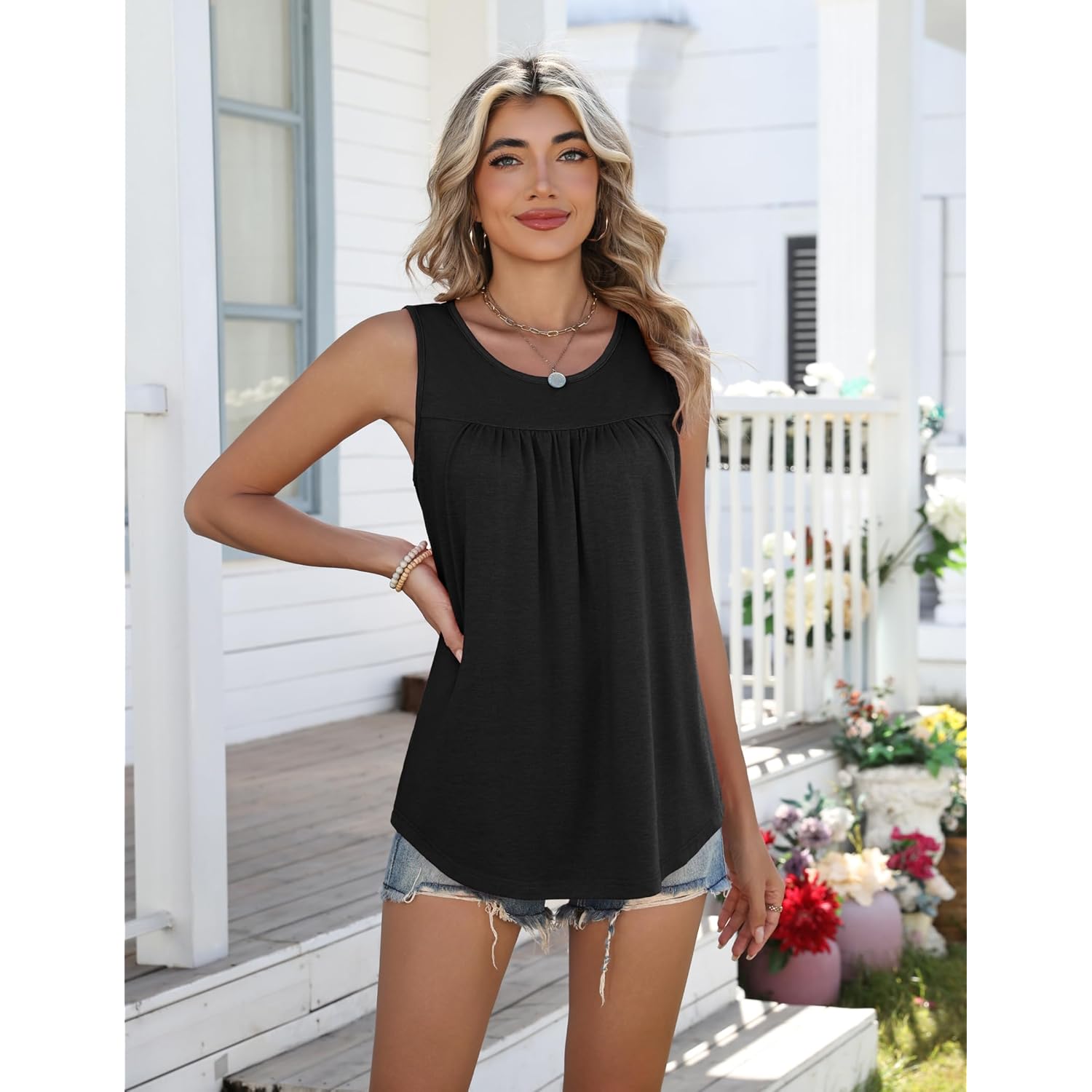 Women Summer Tank Tops Loose Fit Flowy Boho Pleated Sleeveless Shirts Crew Neck Dressy Casual Tunic Trendy Blouses