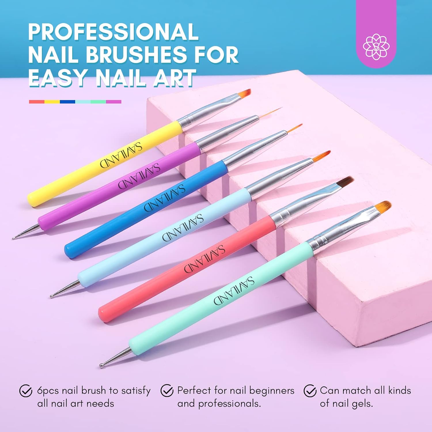 SAVILAND 6PCS Nail Art Brushes Set – Multifunctional Nail Brushes for Nail Art Nail Design Brush Gel Nail Brush for Nail Extension Nail Art Liner Brush 3 Sizes Dotting Tools for DIY