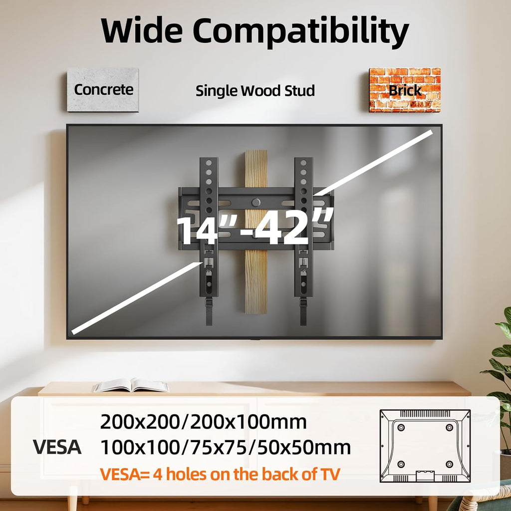 IWORBOARD 32 40 42 inch Fixed TV Monitor Wall Mount for LED LCD TVs & Monitor, Low Profile Small RV TV Mount, Easy Slim Flat Wall Bracket, Max VESA 200x200mm, 66lbs, Single Stud, Fit 19 24 42 inch