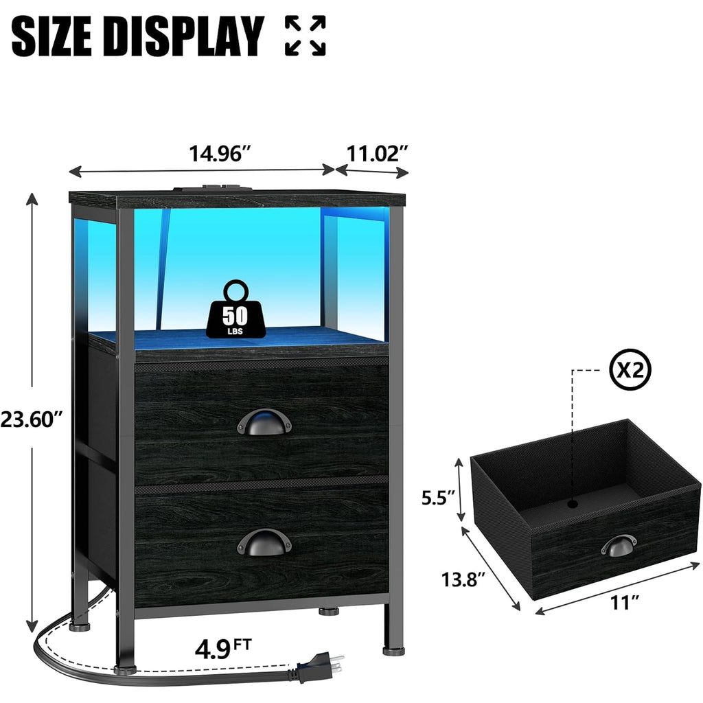 Furologee Nightstands Set Of 2, End Tables With Charging Station And Led Lights, Black Night Stands With 2 Fabric Drawers, Bedside Tables Set Of 2 For Living Room/Bedroom,Black Oak