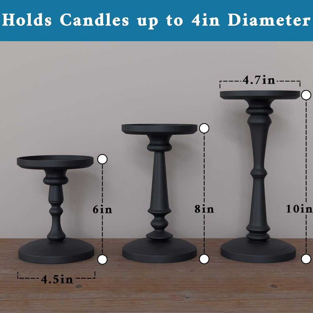 Matte Black Candle Holders Set of 3 - Metal Candle Holders for Pillar Candles & LED Flameless Candles - 6, 8 & 10 Inch Tall - Decorative for Table, Fireplace & More - Pillar Candles Holders Sets of 3