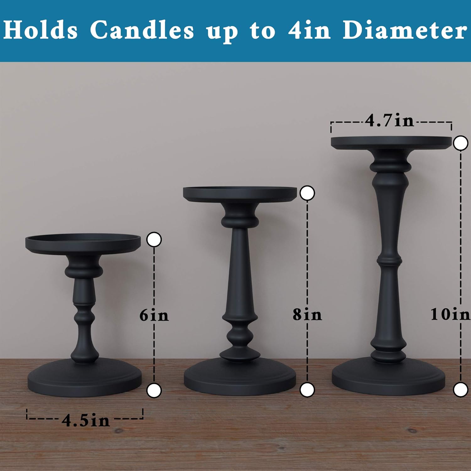 Matte Black Candle Holders Set of 3 - Metal Candle Holders for Pillar Candles & LED Flameless Candles - 6, 8 & 10 Inch Tall - Decorative for Table, Fireplace & More - Pillar Candles Holders Sets of 3