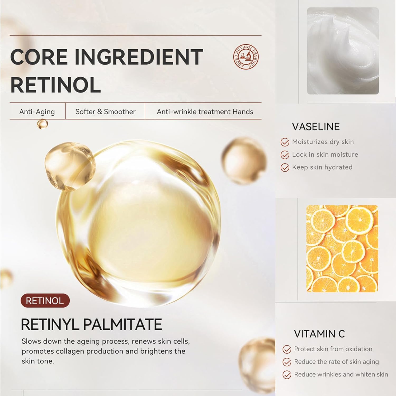 Retinol Hand Cream Firming Anti-Aging Hand Lotion with Collagen, Retinol Moisturizer for Aging & Dry Cracked Hands, Care & Protects Skin, Nails & Cuticles(1pc)