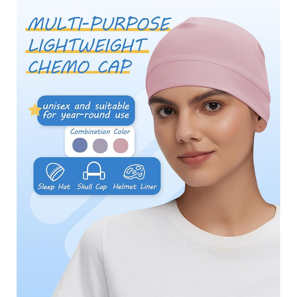 3 Pieces Cotton Skull Caps for Men Women Chemo Headwear Lightweight Beanie Sleeping Cap Helmet Liner Set E-light Blue,pink,light Purple